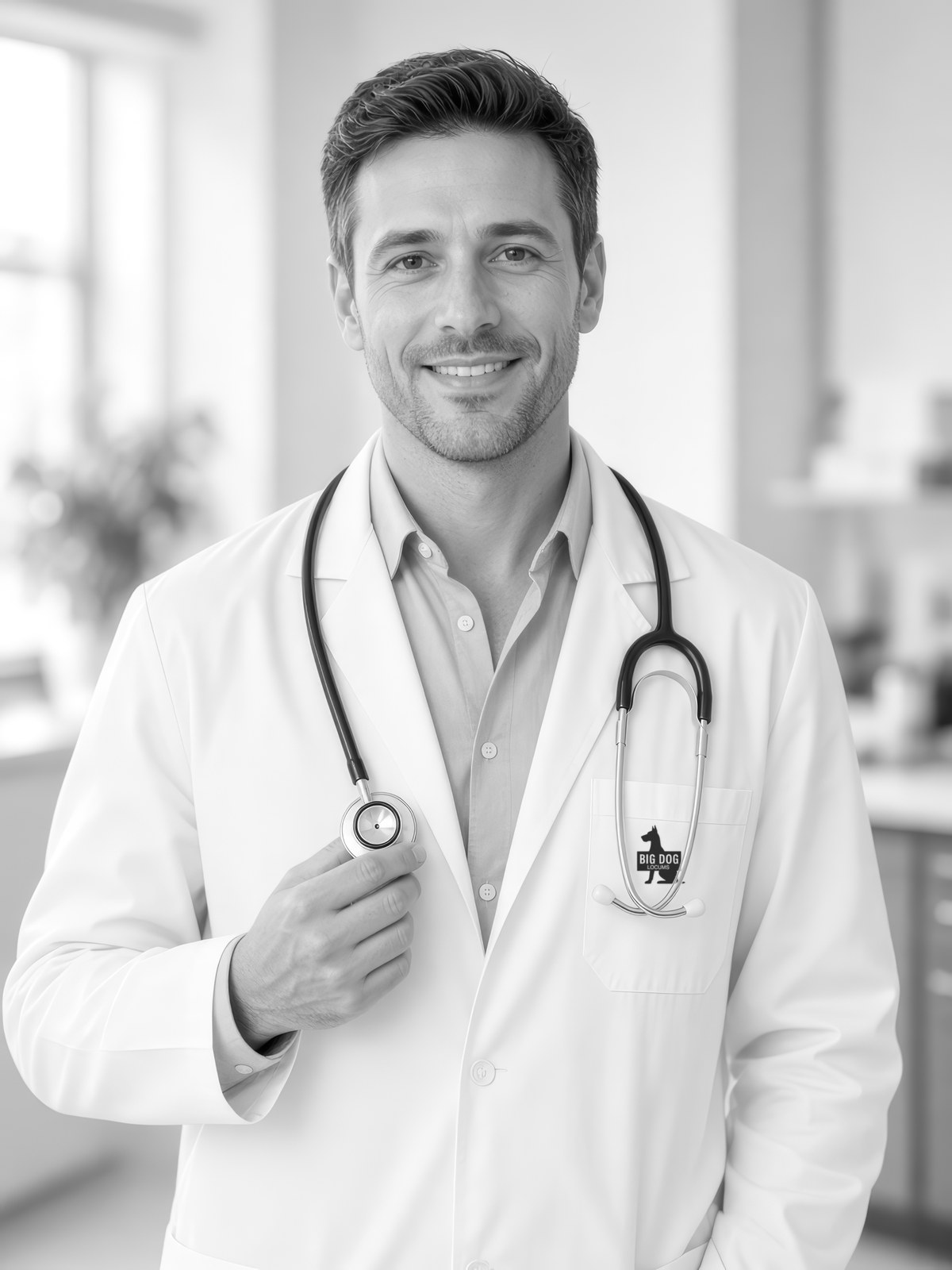 Smiling male doctor in a white coat holding a stethoscope
