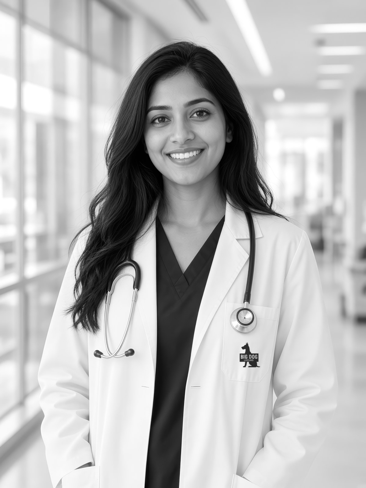 Smiling female doctor in a white coat with a stethoscope in a bright hospital corridor